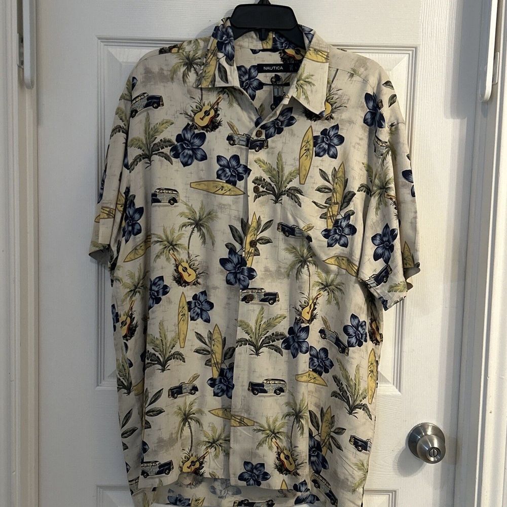 Nautica Hawaiian‎ Camp Aloha Shirt L 100% Easy Care Silk Multicolor Floral